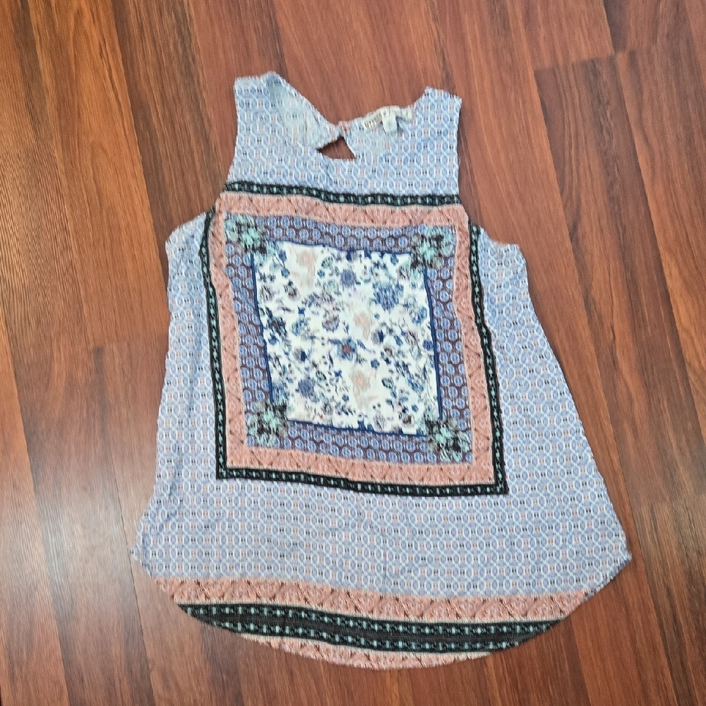 Gypsies & Moondust Boho Sleeveless Patchwork Blouse Size Large Blue Pink Floral